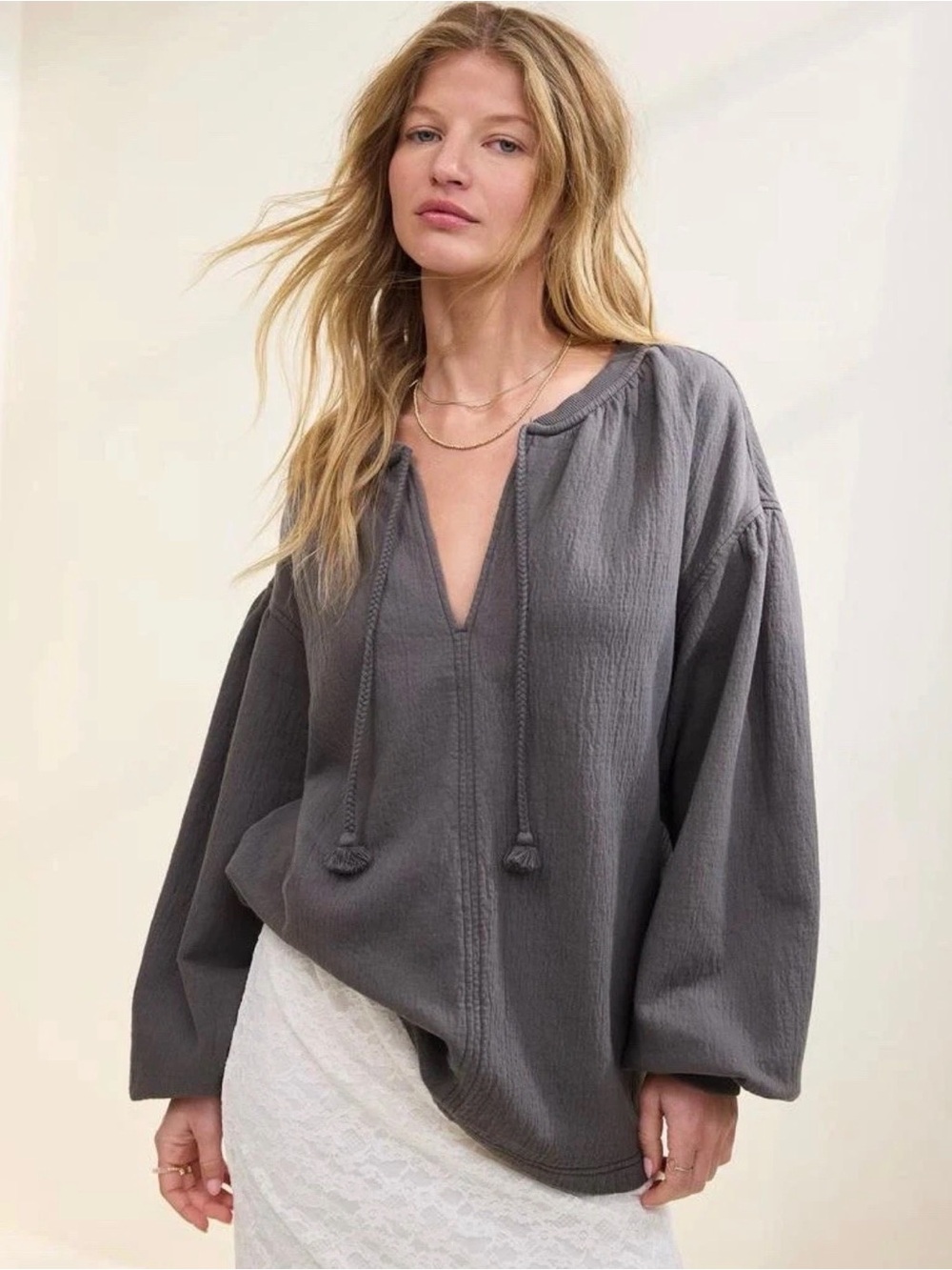 Aerie Easy Street Gray Oversized Boho Cotton Sweatshirt in Charcoal, Size M